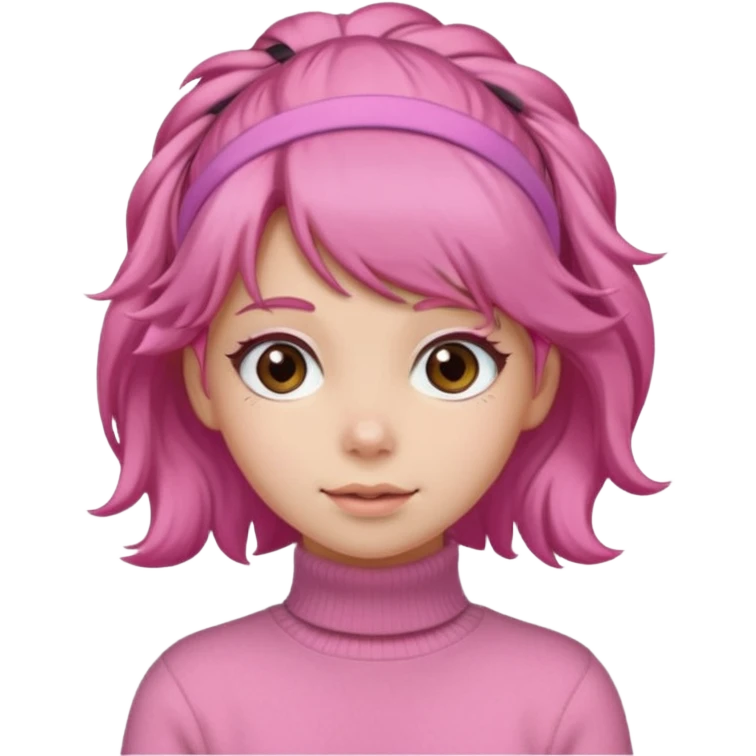 brown fluffy haired girl with pink turtleneck sweater and pink hair band emoji