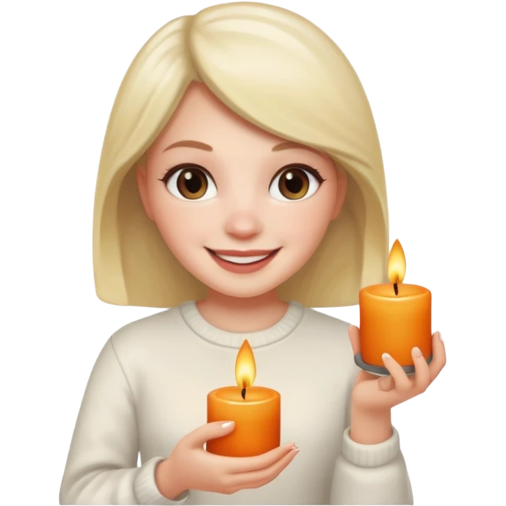 girl smiling with a scented candle, iPhone memoji style, white skin emoji