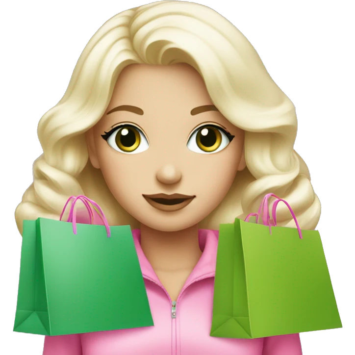 cute platinum blonde with green eyes surrounded by pink shopping bags emoji