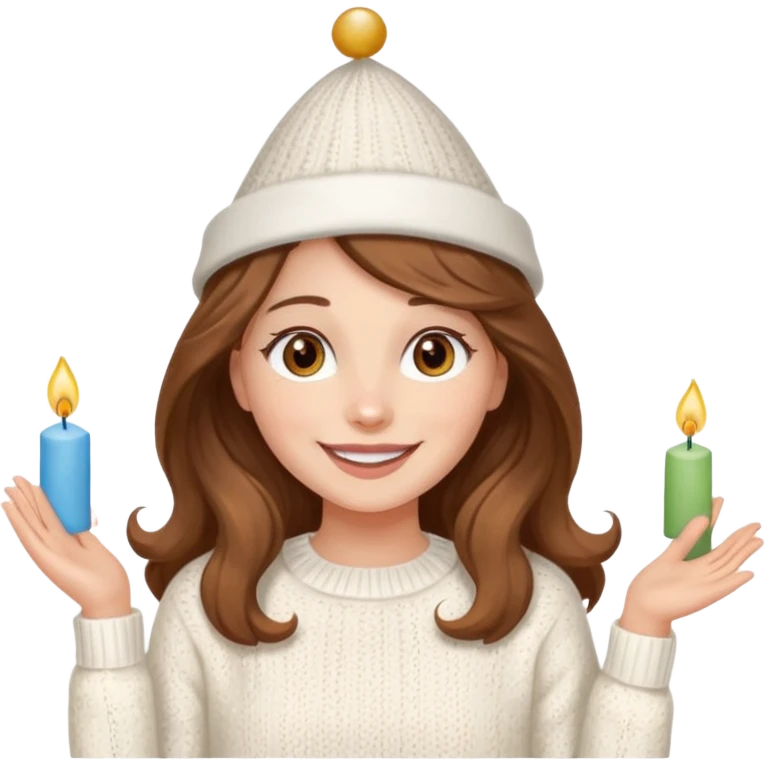 A pretty white girl with hazel brown eyes and long brown wavy hair in a cosy white knit sweater, she is celebrating her birthday and is happy emoji