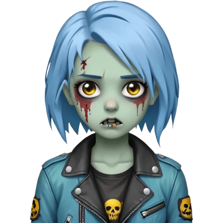 zombie teen girl with ashy blue hair, eye color black, grunge style or leather jacket emoji emoji