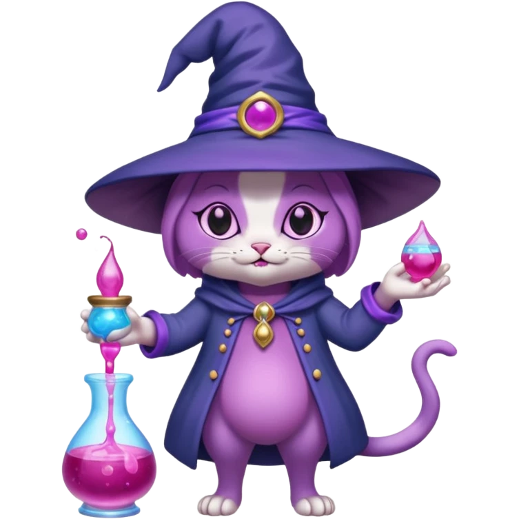 Purple witch cat full body with pink potion and blue potion bubbling  emoji