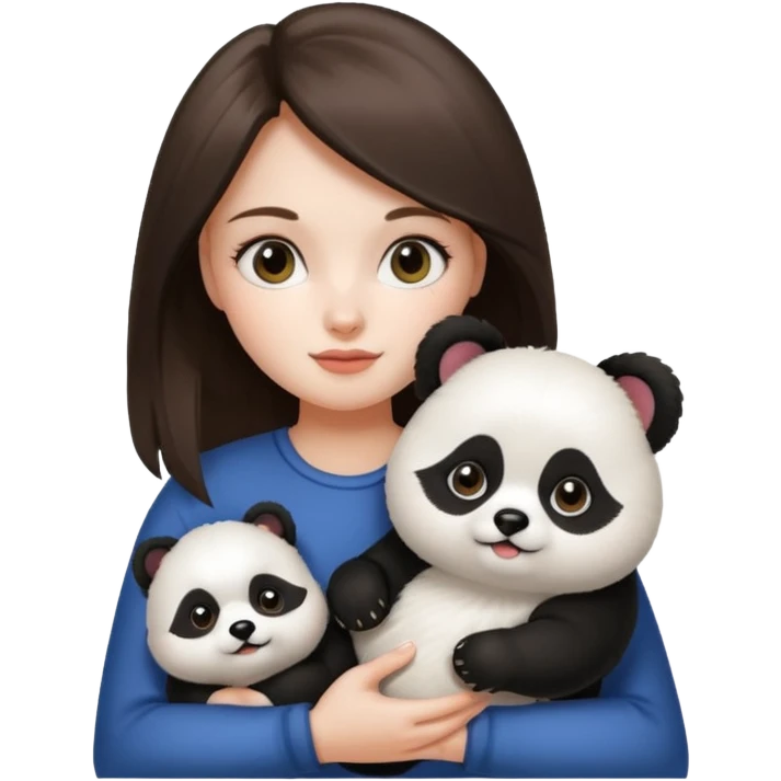 an brunette hair girl holding her white pomeranian dog that looks like a panda emoji
