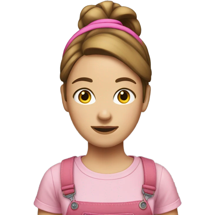 A white woman with brown hair in pony tail wearing pink headband, pink t shirt and overalls  emoji