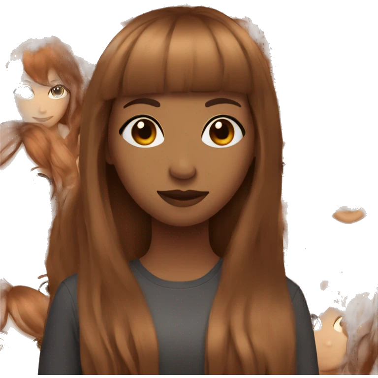 light brown girl with long dark red hair and a fringe emoji