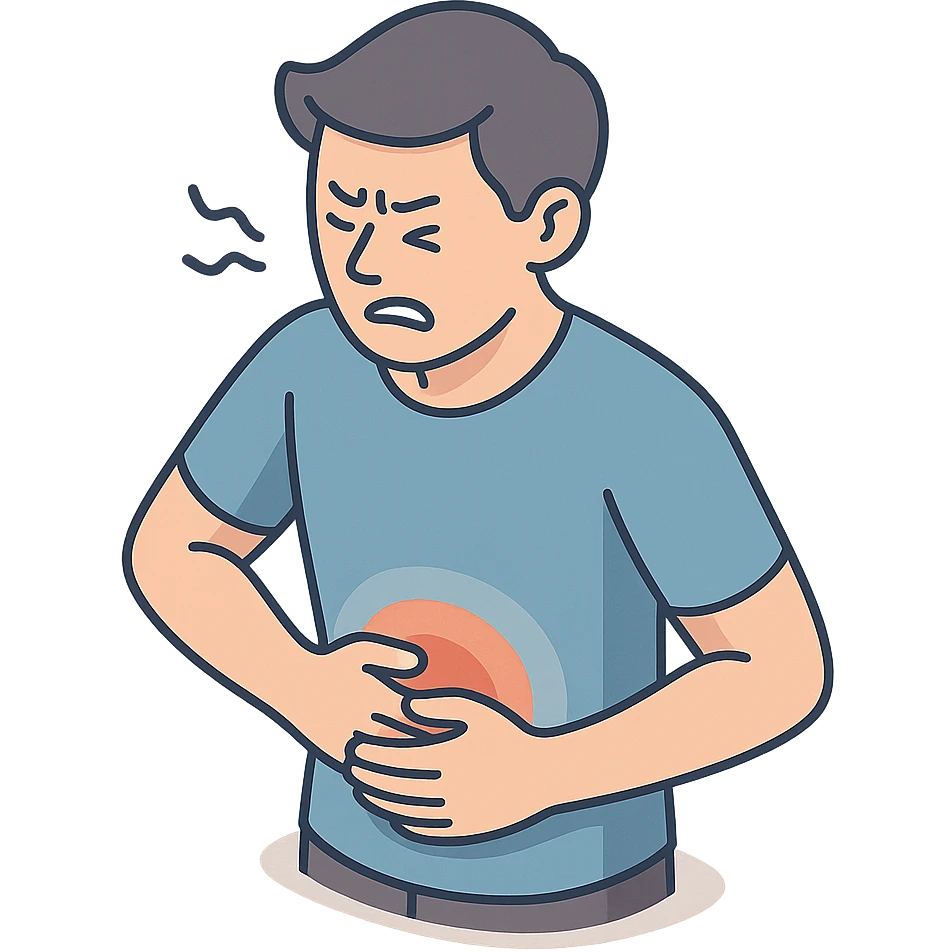 detailed 2D isometric illustration of a person (patient) with stomach pain, waist up, close-up, holding stomach and writhing in pain, soft rounded shapes, shadows and highlights, clean contours, pastel palette, modern illustration, transparent background emoji