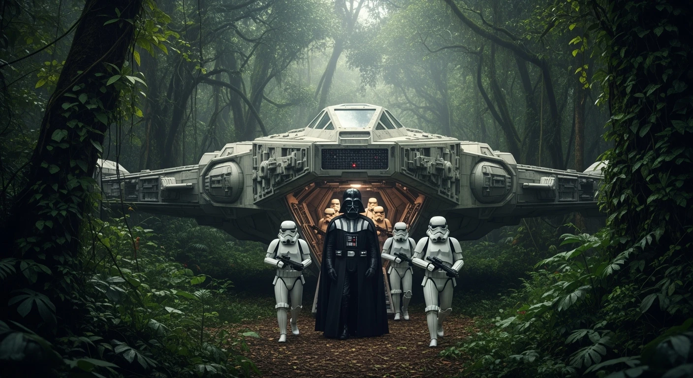cinematic still, Medium shot, amazon jungle, Darth Vader around stormtroopers coming out from starship on ground, they are exploring the jungle, inspired by StarWars movie, captured by arri alexa emoji
