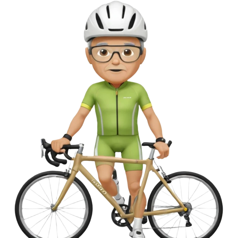 older, 60-year-old man, about 200lbs, with visor under helmet, and mirror on glasses, in cycling clothes, straddling road bike, graphic design emoji