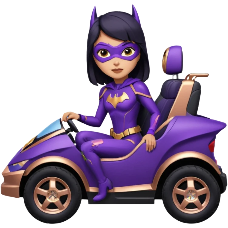 Hot full size real-appearance racing action Darkness BatGirl’s midnight-purple tight outfit sixty’s tv show 1992 stealth retro cat burglar sporty petite off-road pursuit mobile cruiser car rose gold accents (black hair,reclined and relaxed seating position and attitude) emoji