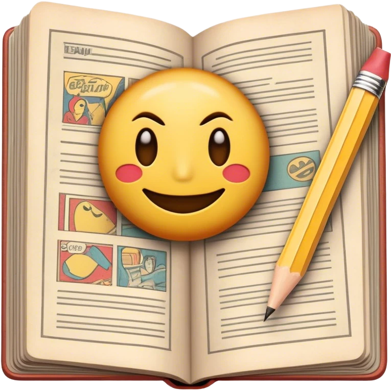 Create a detailed emoji representing the process of writing texts for comic books. The design should feature a large, open comic book with vintage comic strips visible on its pages. A pencil should be shown writing text on one of the comic panels, but without a hand. The pencil should appear as though it is actively creating the dialogue or narration. Use a classic color palette with muted tones for the comic book and brighter accents on the pencil to draw attention to the writing process. Do not include any emojis or smiley faces. Make the background transparent. emoji