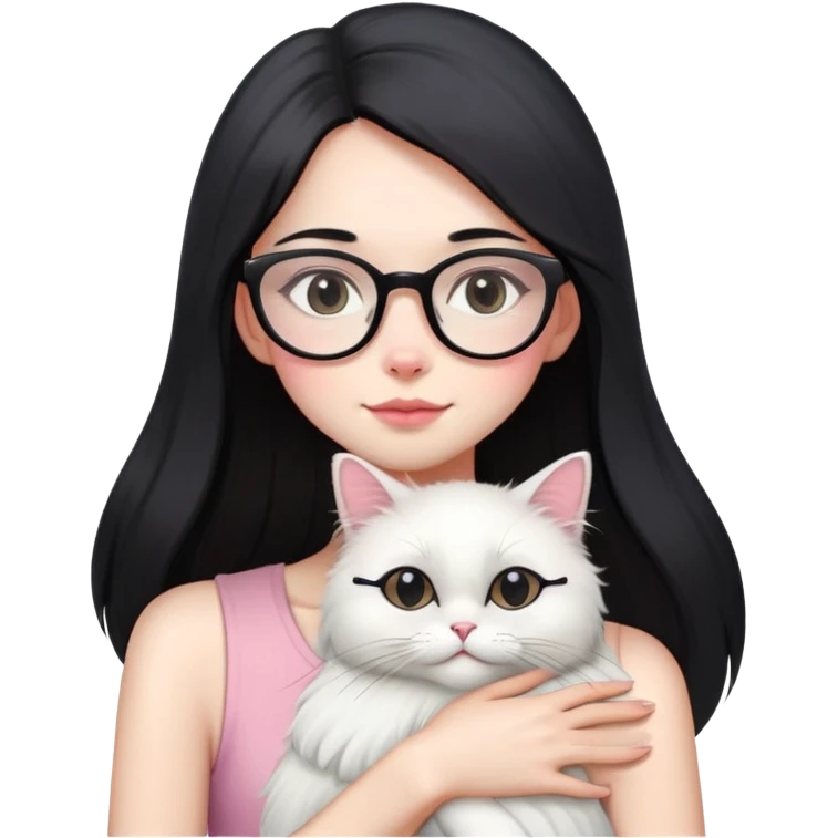 Skinny woman with oval glasses, long straight black hair, pink cheek blush, wearing white sleeveless top, hugging a grey Persian-Angora cat, plain background emoji