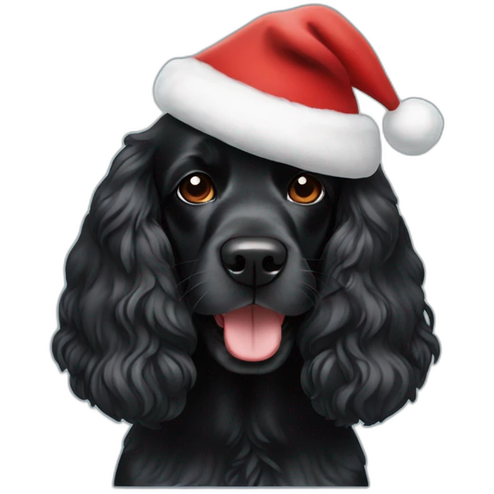a black cocker spaniel smiling with a santa hat emoji