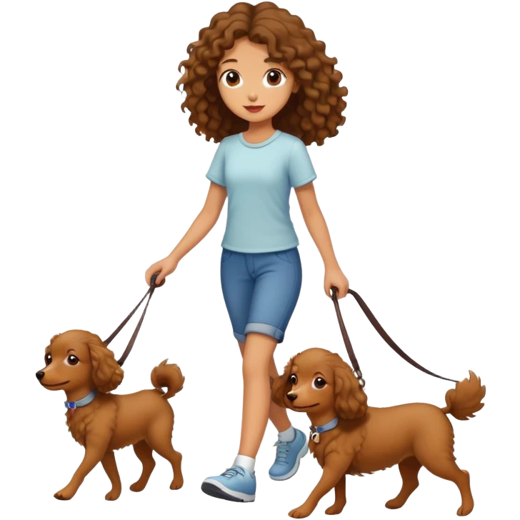 A long-haired girl walking a small brown curly dog emoji