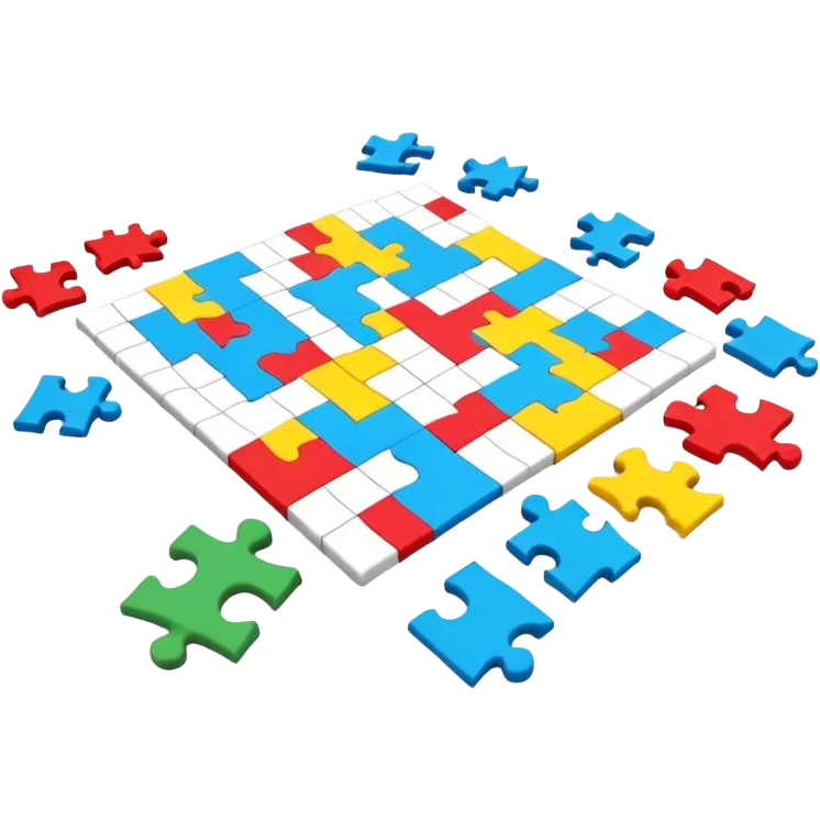 A colorful puzzle piece, a crossword magazine, a 3D puzzle, and a partially completed puzzle picture on a table. Bright colors, modern style. Transparent background, suitable for puzzles and brain games. emoji