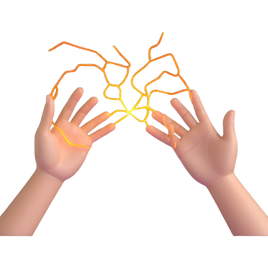 two hands reaching towards each other with glowing connection emoji