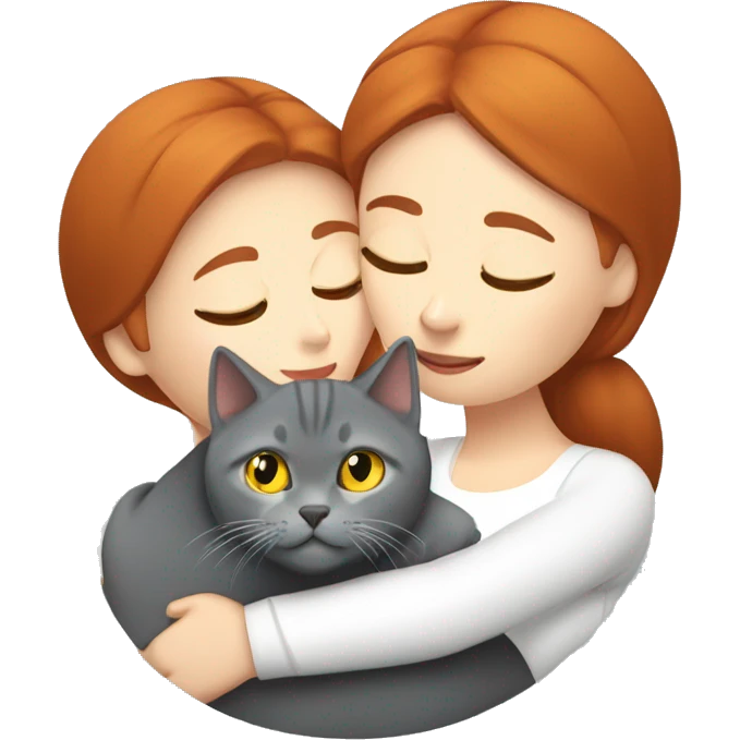 Red hair woman kissing the head of a grey British shorthair cat with yellow eyes emoji