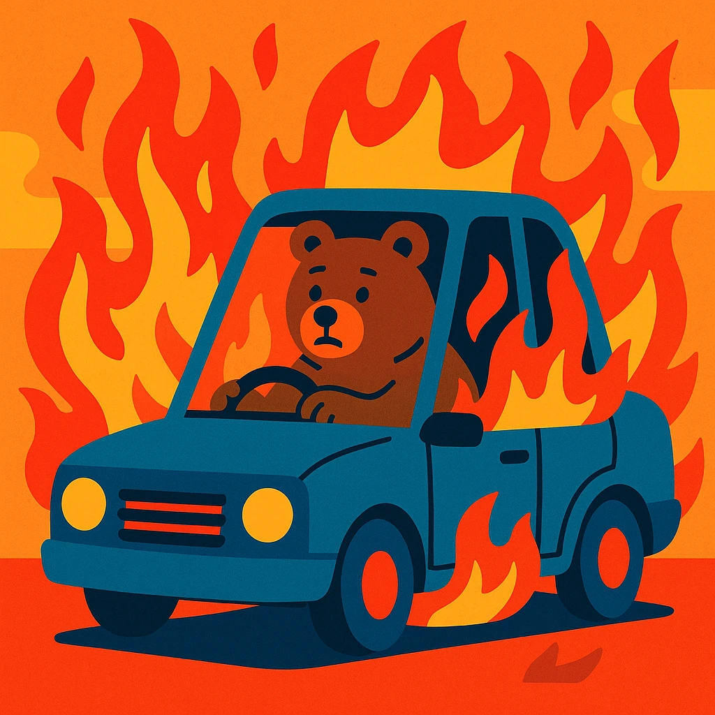 a brown bear sitting in a blue burning car, vibrant colors, expressive flames emoji