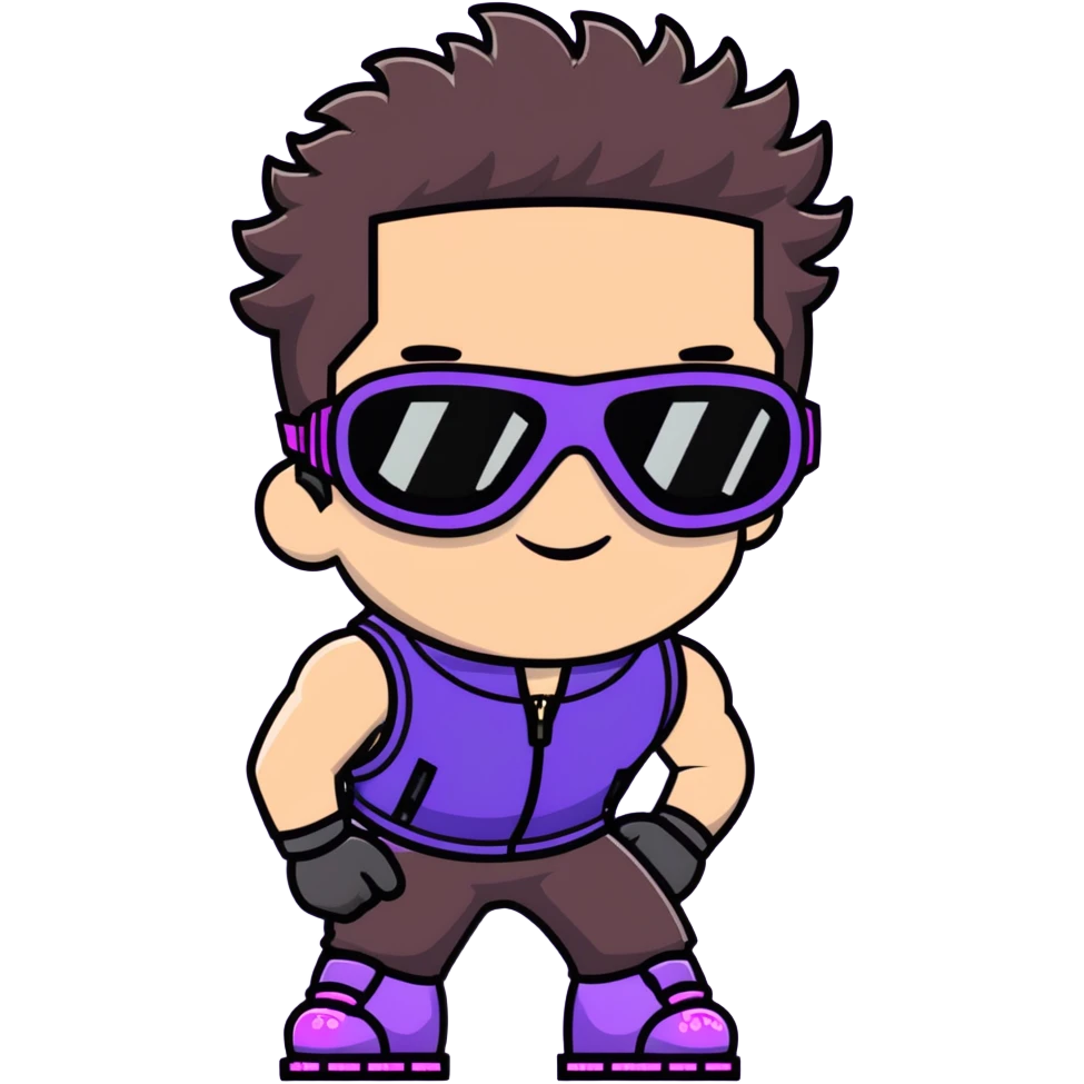 close-up of bad guy male athlete with white skin and moderately curly dark brown hair on top with shaved sides, wearing ski goggles with purple frames and very dark black lenses, a simple plain black chain necklace, and a completely unzipped sleeveless vest with purple and black sequin fire pattern design with no logo, with an extremely arrogant expression sticking his tongue out mockingly, looking menacing and villainous emoji