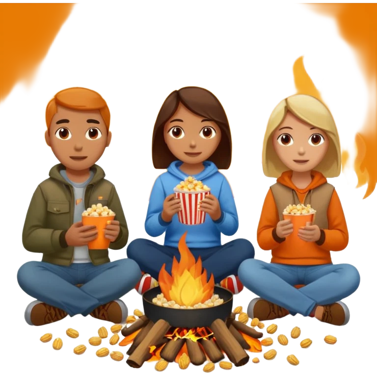 Born fire and people sitting beside born fire on chairs. Born fire is in the centre. People should be eating peanuts and popcorn. emoji