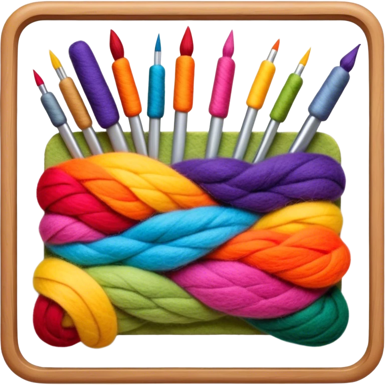 Felt art creation icon, layers of colorful felt being carefully shaped with felting needles into a picture or decorative design, visible hand tools like felting needles, no finished artwork, just the process of felting, minimalistic style, clean lines, transparent background. emoji