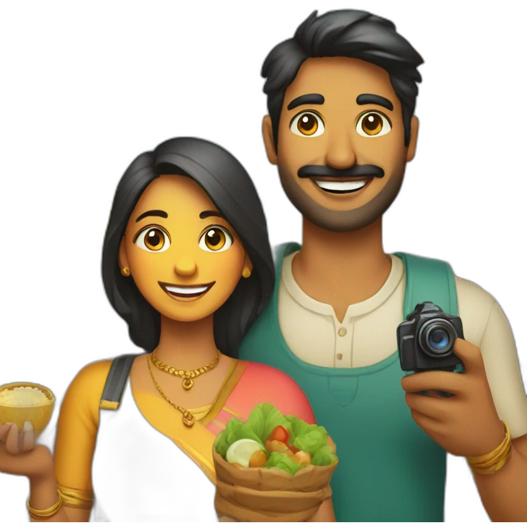 Indian fair modern man and woman with camera in one hand and food in other hand, happy smiling emoji