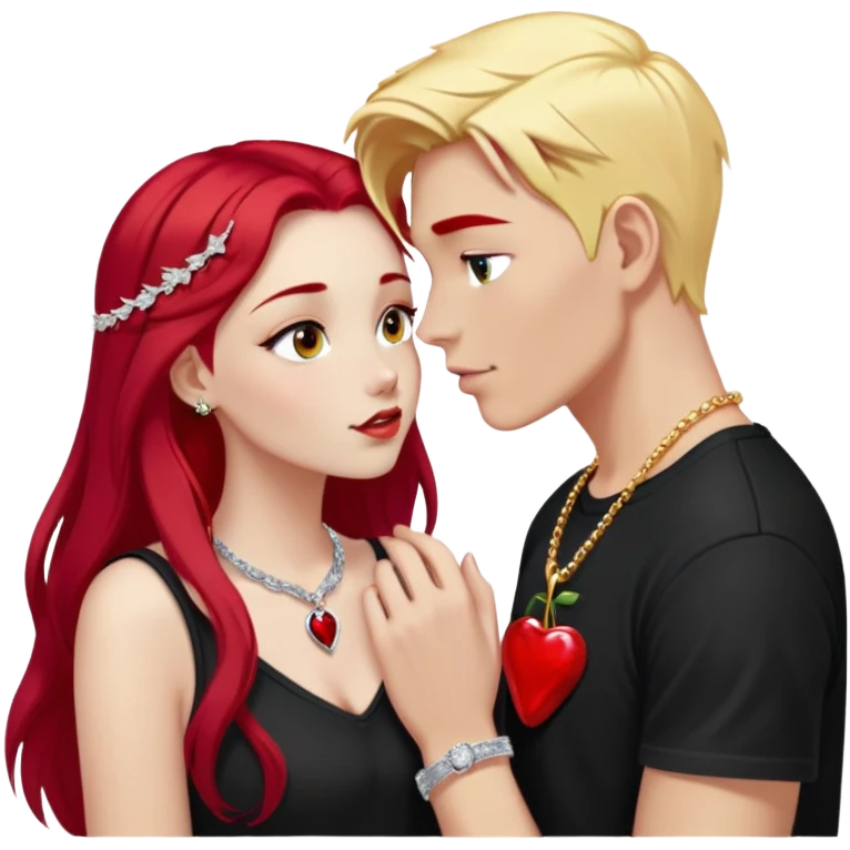 young couple kissing, girl with long cherry red hair and blonde eyebrows, gold A necklace, diamond ring, red bracelet, light clothes, boy with SHORT SNOW WHITE hair, silver ring with black stone, dark t-shirt emoji