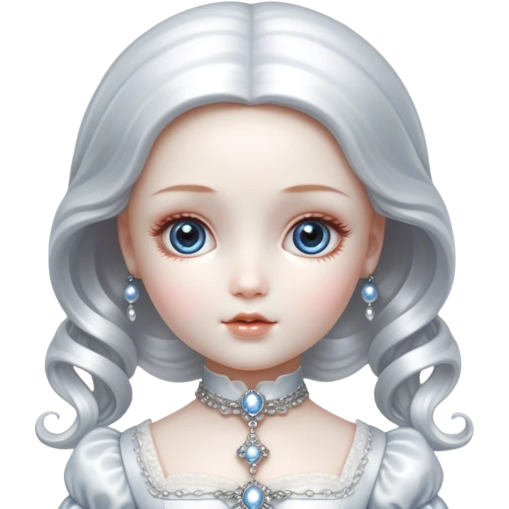 Cinematic and Ultra realistic 32k HD hauntingly beautiful porcelain doll sitting in a chair, Balanced features, highly detailed, glowing with silver light, high shine, remembrance, a painting of white silver, fanciful, enchanting. The image is so lifelike it could leap off the canvas at any moment emoji