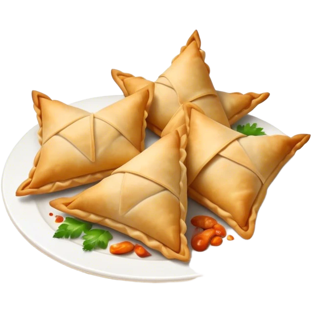 Cinematic Realistic Samosas Dish Emoji, depicted as golden, crispy pastry pockets filled with spiced vegetables rendered with detailed textures and appetizing lighting. emoji