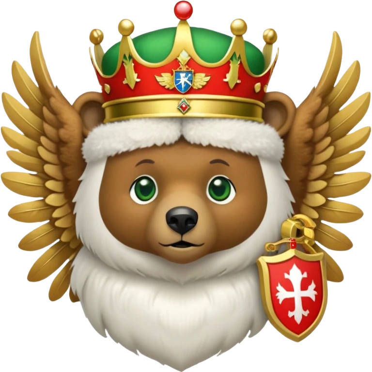 Cute brown bear head with green eyes, wearing white fur ushanka hat with Russian coat of arms: golden double-headed eagle with spread wings, three crowns connected by ribbon, scepter in right claw, orb in left claw, red shield on chest with St. George slaying dragon, iOS emoji style emoji