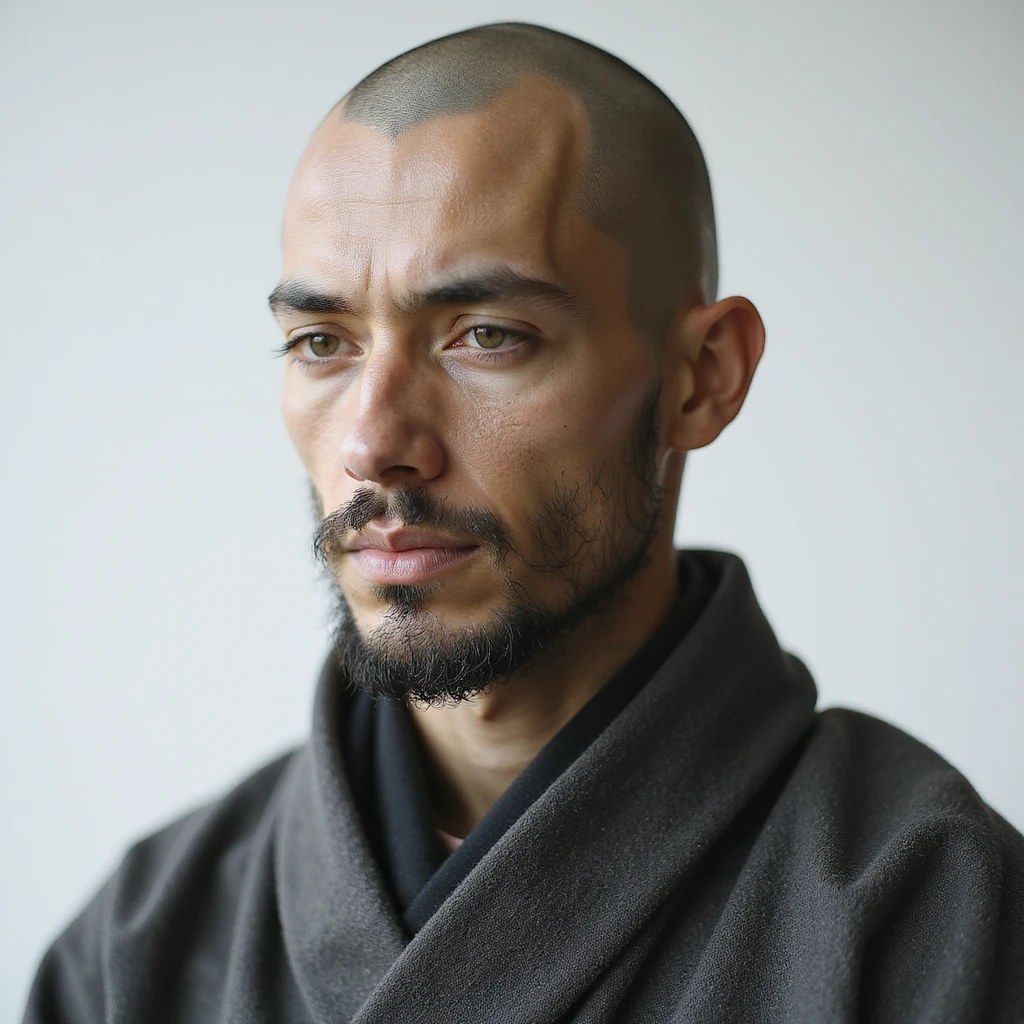 realistic AI chatbot inspired by a Zen warrior monk, minimalist techwear, subtle digital accents, contemplative face, clean background, exuding patience and inner peace emoji