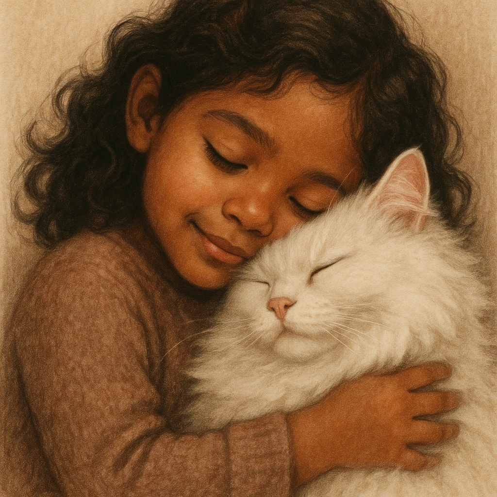 brown girl snuggling fluffy white cat, style 3 emoji