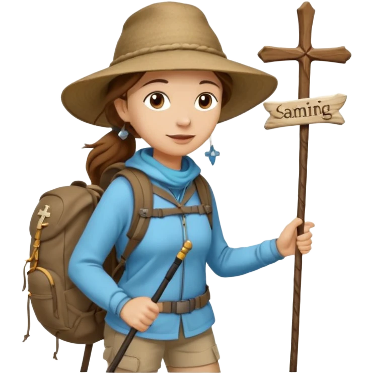 Middle aged women, long brown hair in ponytail with wide brim hiking hat. Walking with backpack and trekking poles. Backpack gas a scallop shell with the cross of saint james hanging from it. She is a pilgrim on the Camino Frances on her way to Santiago de Compostela emoji
