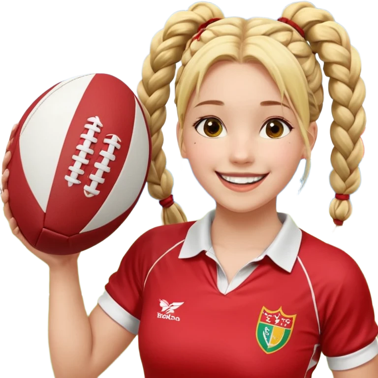 Chica de pelo rubio tirada en el suelo boca abajo agarrando un balón DE RUGBY con las manos vestida con una equipación de color rojo y blanco con líneas y con unas botas de tacos de fútbol, con un bucal en la boca y el pelo con trenzas, se la tienen que ver las 2 piernas y que sonría  emoji