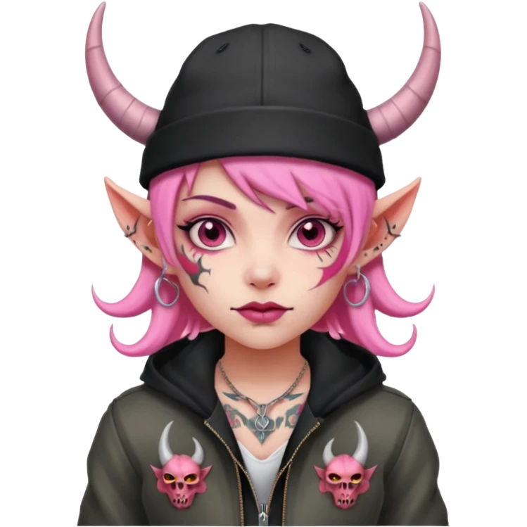 pink girl demon with tattoos, hat, jacket and horns emoji