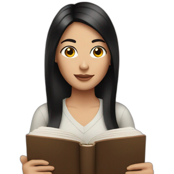 White woman with Black straight hair holding a book emoji