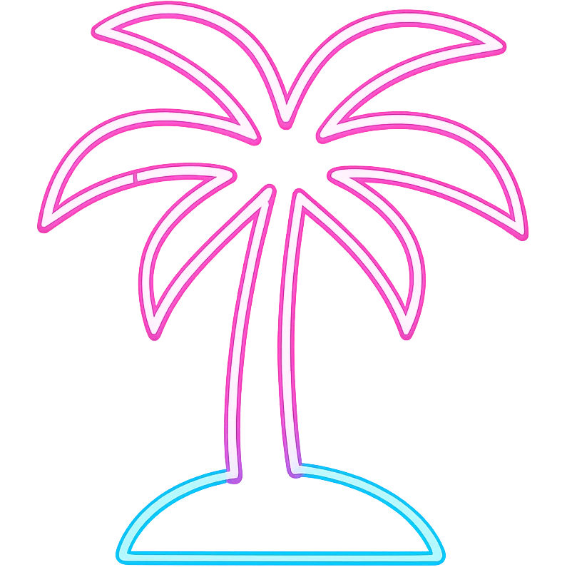 Neon palm tree icon, inspired by GTA Vice City, light pink and blue, 80s retro, glowing neon emoji
