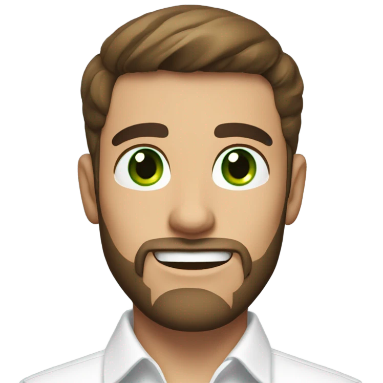handsome optimist oval head brunette man and beard green eyes wearing white button down shirt  emoji