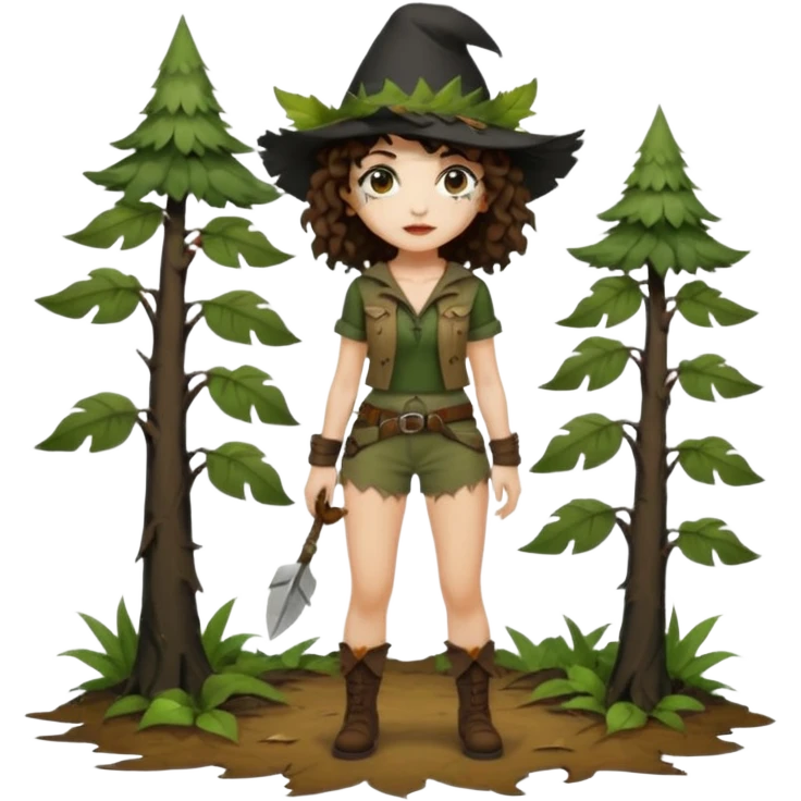 full body woman short curly brown mullet hair brown eyes white skin sexy forest rogue with torn leaf shorts and crow hat emoji