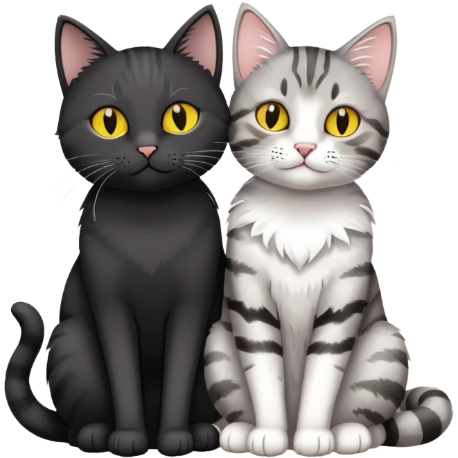 black cat with yellow eyes sitting next to gray tabby cat cuddling with a heart above emoji
