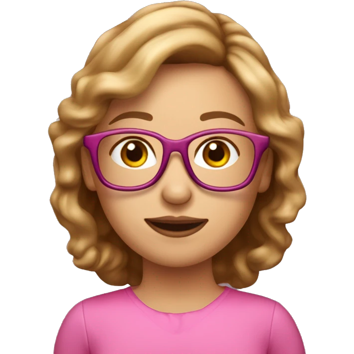 vrouwelijk, 40 jaar, kloek, bruinblond halflang haar, roze bril emoji