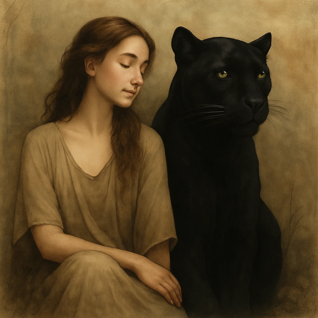 Make the panther black while keeping the woman and background unchanged. Artistic and detailed style. emoji