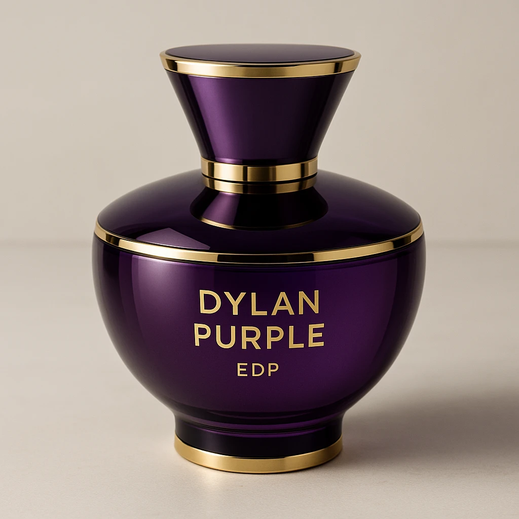 an elegant and modern perfume bottle labeled 'Dylan Purple EDP', with a purple glass body and gold accents, in a luxurious style emoji