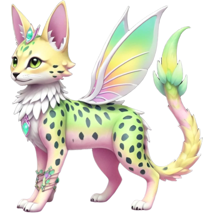 Epic complex knightly divine glorious futuristic detailed dark dusky gloomy pastel pink-pastel-green-pastel-yellow-white-gradient-iridescent, realistic Fakémon-Sprigatito-Floragato-Meowscarada-Trico-Sergal-Serval-Vernid-creature (full body) with bracelets and anklets and fairy wings emoji