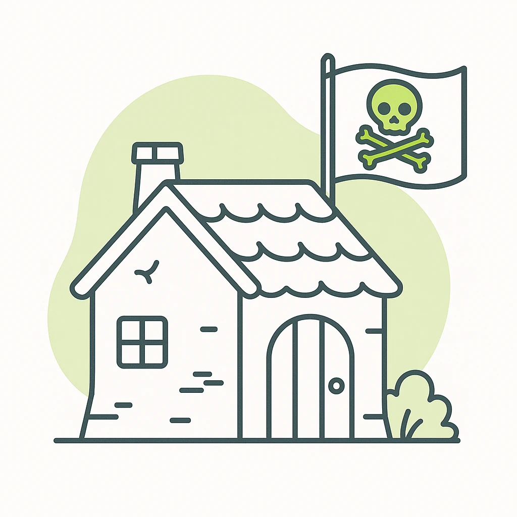 old pirate's house with skull flag emoji