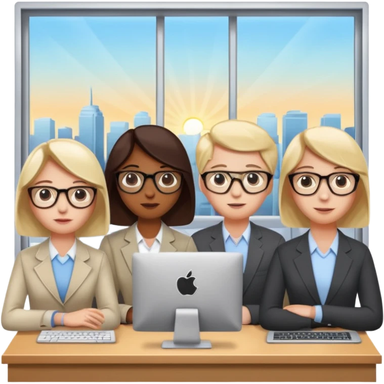 Watching computer Employees of a startup company with a countryside view outside the window emoji