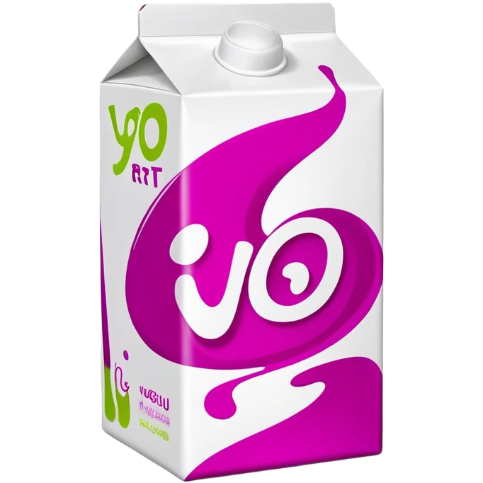 Create a 1:1 image in the style of a realistic 3D icon. The subject is a milk carton on a white background, but instead of milk, it contains yogurt. The carton is colored magenta and bright lime, with an abstract design resembling swirling, mixed liquids. On the front face of the carton, the word 'YO GU RT' is written vertically in syllables using a flat, square-shaped font in white. The letters cover approximately 97% of the front surface. The cap is white. Bright lighting falls on the carton. Close-up shot. The focus is on the carton. emoji