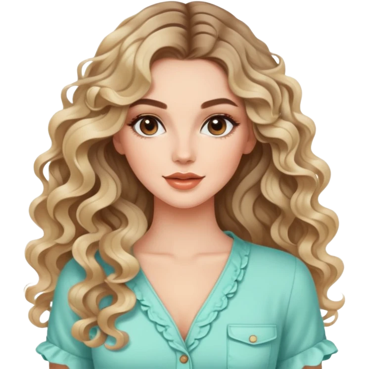 beautiful brunette with blondish balayage white girl with nice curls/defined waves, very long hair, clean girl makeup and nice summer outfit  emoji