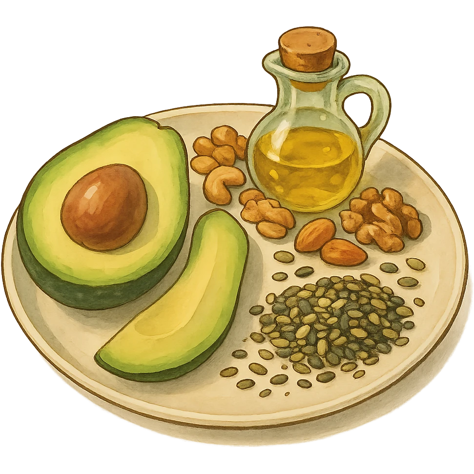 plate with avocado, nuts, olive oil, and seeds in ghibli style emoji