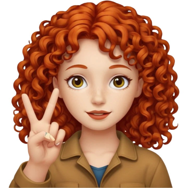 Redheaded girl with curly hair doing peace sign emoji