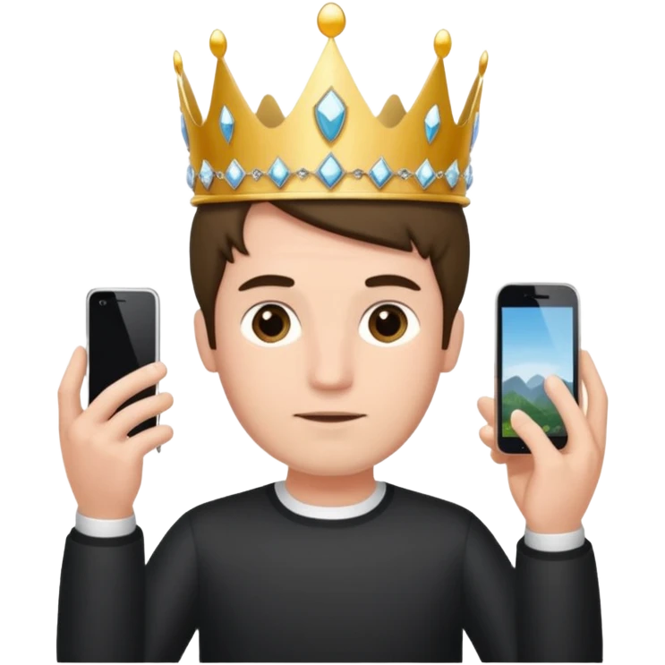 a guy holding an smartphone with both hands in landscape mode(horizontally) in front of his forehead like if it was a tiara emoji